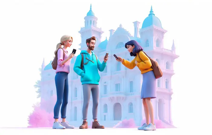 Group of Friends in College 3D Character Design Illustration image